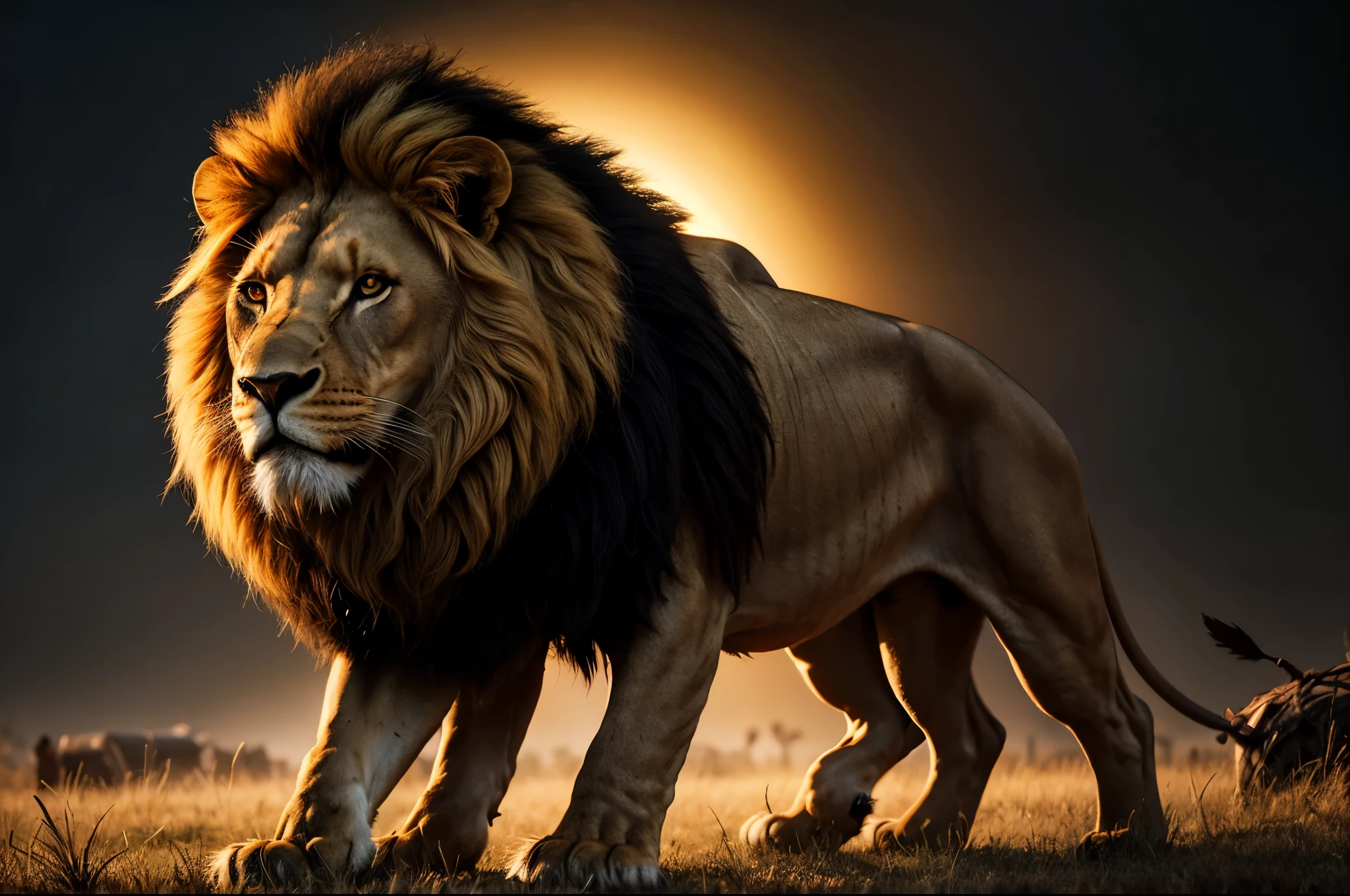 Lion on African savanna, black background night, frightful, Cyberghetto, Goblincore, Long shot, Zbrush rendering, grainy, interactive, shiny colors, Surrealism, atmospheric lighting, realistic skin tones, dramatic light lighting, portrait photography, 4K