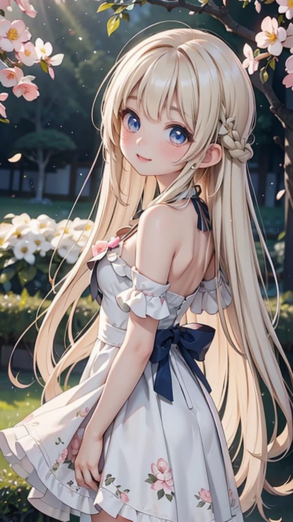 A beautiful and cute anime-style girl with long hair styled in a half-up half-down hairstyle. The upper part of her hair is gently tied at the back of her head with a delicate ribbon, and the rest flows down her back in soft, wavy curls. She has a kind and warm smile on her face, with big sparkling eyes that convey a sense of innocence and curiosity. She is wearing a pastel-colored dress with floral patterns, standing in a serene garden filled with blooming flowers and soft sunlight filtering through the trees. The background is slightly blurred to emphasize the character, creating a dreamy and enchanting atmosphere.