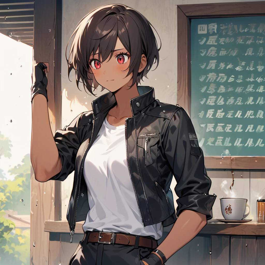 single,female,short cut,short height,dark hair,dark skin,red eyes,((rolled up black jacket)),fingerless gloves,white T-shirt,(white headband),black pants,white shoes,brown belt,cute,indoor type,charming,top quality,neat face,neat eyes,slightly worried face,notices rain notice, drinking coffee on terrace, worried about rain, laughing with head in hands