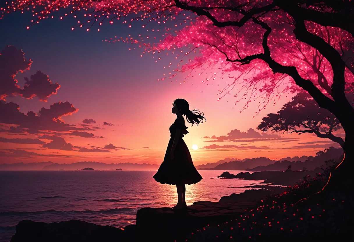 The image depicts a silhouette of a girl standing against a stunning sunset background. The sky transitions from a deep pink near the horizon to a deep red as it ascends. The figure appears to be enveloped in a series of tiny glowing fairy lights, some of which are illuminated, creating a stunning and captivating contrast to the dark silhouette. The figure appears to be holding out one arm, perhaps adjusting to or interacting with the lights. The overall mood of the image is peaceful and magical.