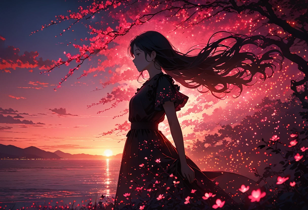 The image depicts a silhouette of a girl standing against a stunning sunset background. The sky transitions from a deep pink near the horizon to a deep red as it ascends. The figure appears to be enveloped in a series of tiny glowing fairy lights, some of which are illuminated, creating a stunning and captivating contrast to the dark silhouette. The figure appears to be holding out one arm, perhaps adjusting to or interacting with the lights. The overall mood of the image is peaceful and magical.
