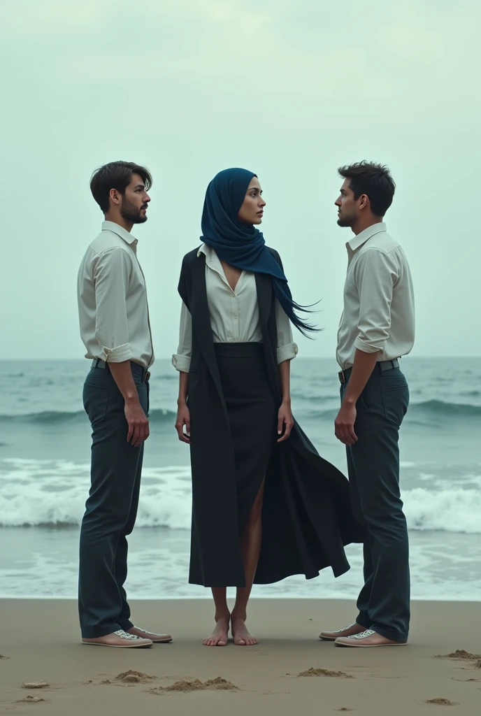 Navy blue headscarf on the beach, Black long coat, barelegged, white shirt, skinny woman. 2 men touching a woman