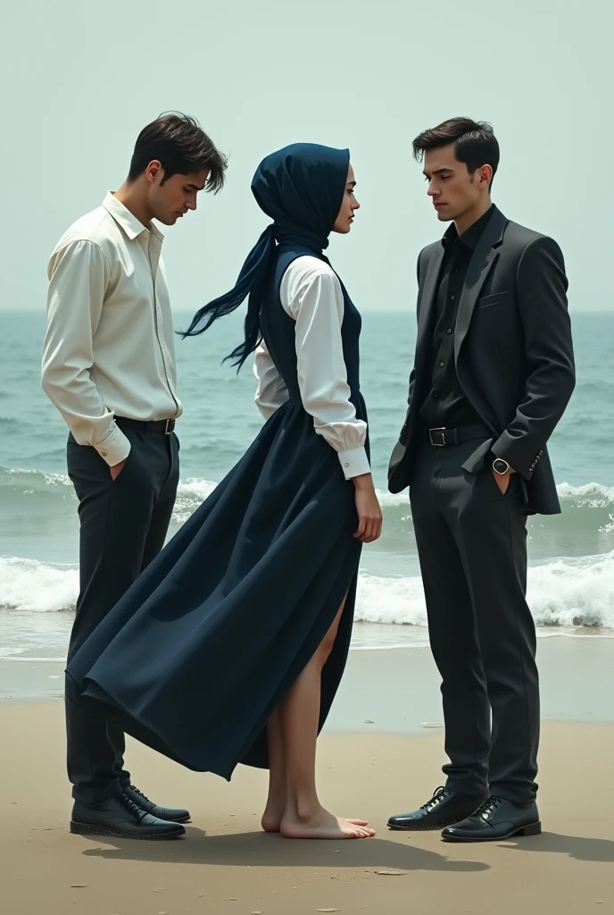 Navy blue headscarf on the beach, Black long coat, barelegged, white shirt, skinny woman. 2 men touching a woman