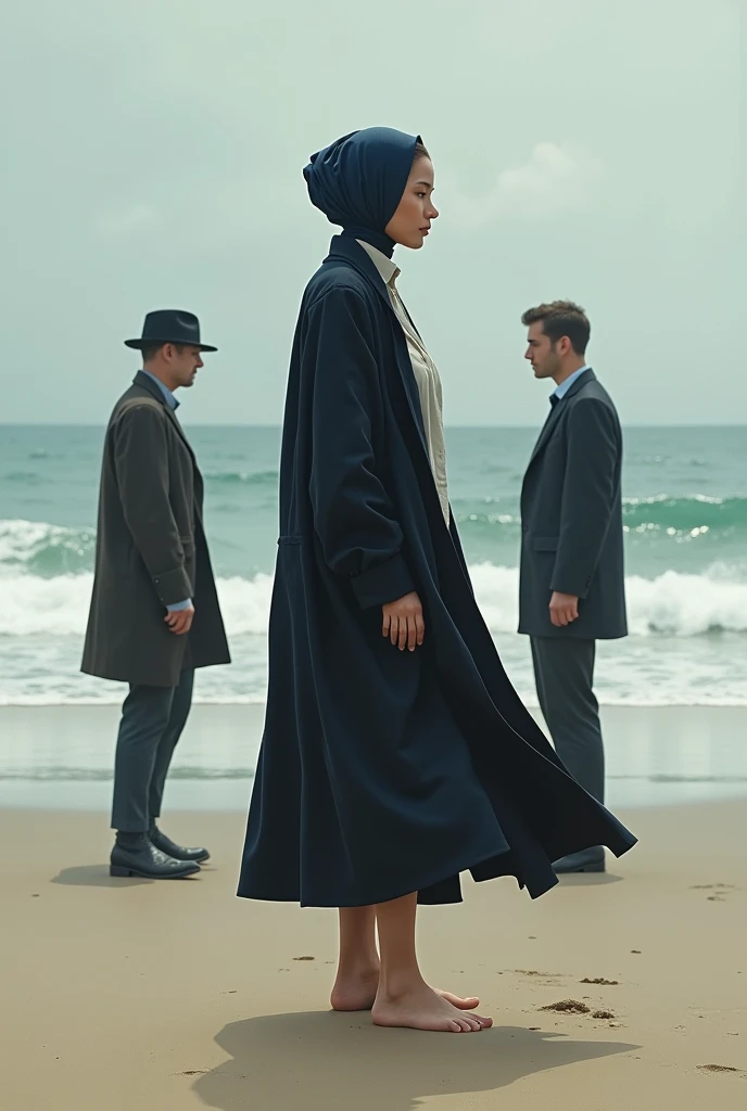 Navy blue headscarf on the beach, Black long coat, barelegged, white shirt, skinny woman. 2 men touching a woman