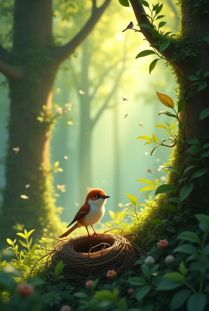 A peaceful forest full of birdsong. A sparrow came out of a sparrNarrator:** (Speaking) "This is Tiapakhi, named Kiran. He is a small, but brave bird.