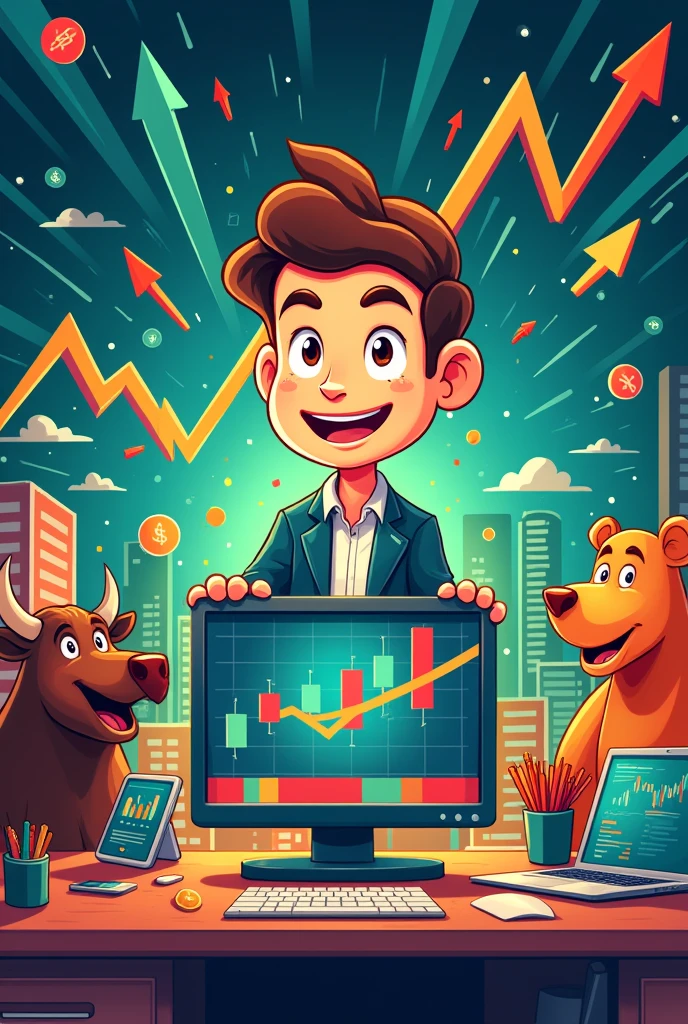Design a vibrant, cartoon-style mouse pad featuring a bustling stock market scene. The central image should be a cartoon trader (representing you) with a determined expression, surrounded by exaggerated stock market elements. Include a large, animated stock chart with arrows going up and down, colorful candlestick patterns, and playful icons representing various stocks. Add humorous touches like a smiling bull and a surprised bear interacting with the chart, and a computer screen showing comical, exaggerated trading data. Scatter various financial symbols like dollar signs, charts, and graphs throughout the design to enhance the theme. Use a bright color palette with bold reds, greens, blues, and yellows to make the design lively and engaging. Make sure the scene covers the entire 80x30 cm area, creating a dynamic and fun trading environment.