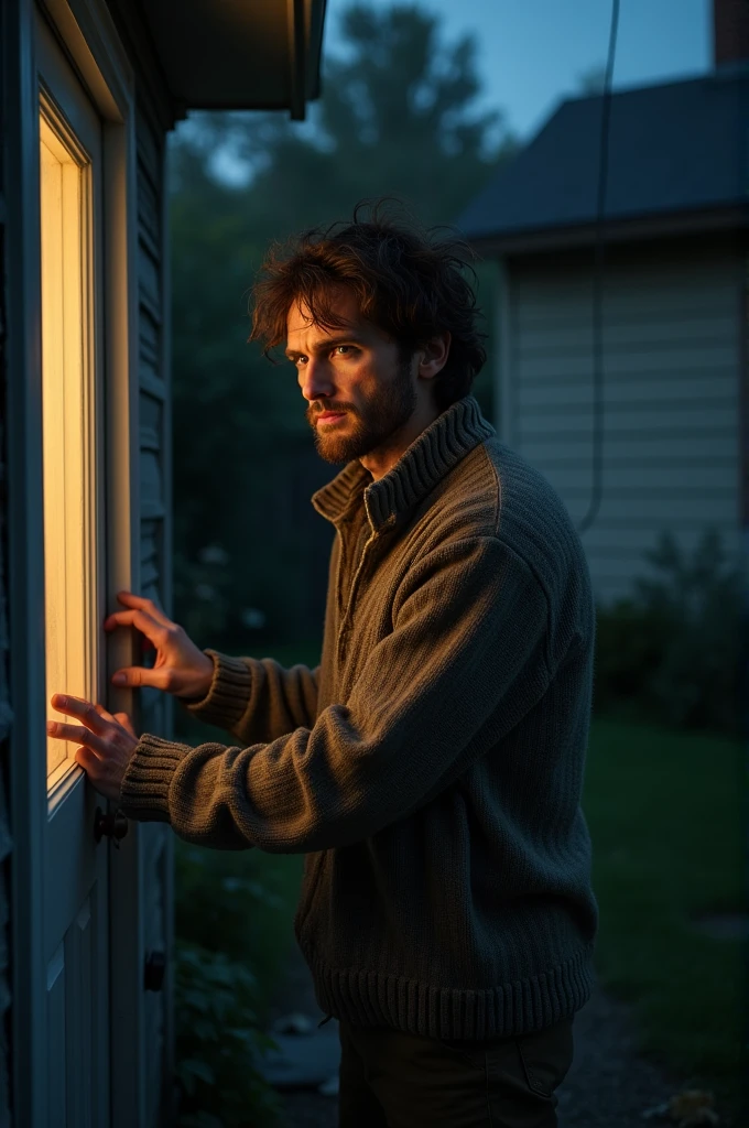 realistic photo a hungry man in mid 30s with messy hair and dirty sweater is knocking a door of a house at night