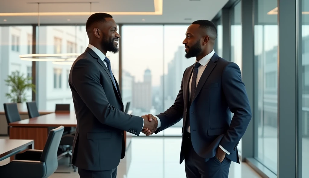 Image of two african american men, qui se donne une poignet de main ferme dans un bureau classe et bien vitré.