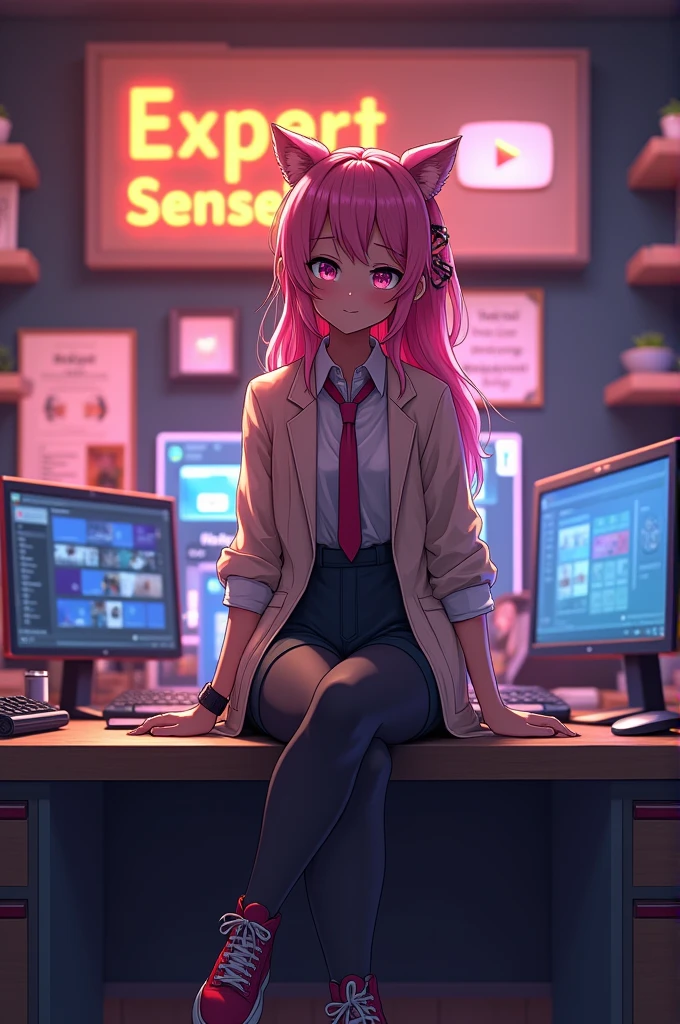 You Tube anime character on the desk in front side and background my channel name expert sensei and anime side gold play button and silver paly button with channel name expert sensei
