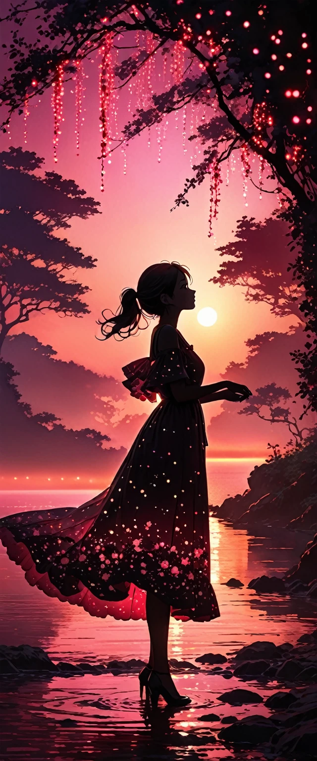 The image depicts a silhouette of a girl standing against a stunning sunset background. The sky transitions from a deep pink near the horizon to a deep red as it ascends. The figure appears to be enveloped in a series of tiny glowing fairy lights, some of which are illuminated, creating a stunning and captivating contrast to the dark silhouette. The figure appears to be holding out one arm, perhaps adjusting to or interacting with the lights. The overall mood of the image is peaceful and magical.