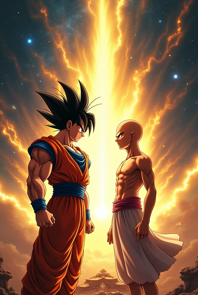 Creat a horizantal poster on Goku vs one pounch man