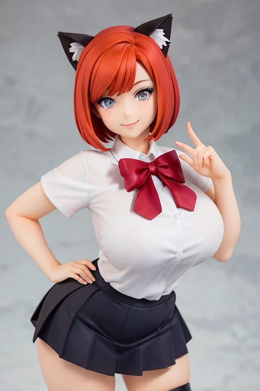 figure, Neko, sexy pose, big breasts, curvy, smile, bob haircut, school uniform, redhead, cat ears
