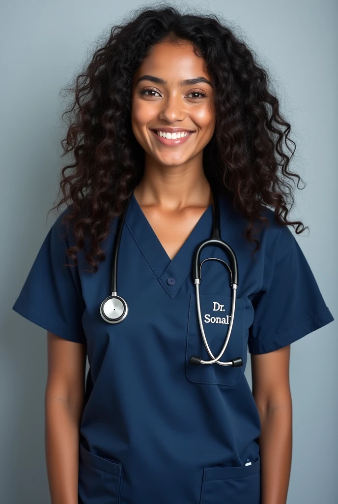 A beautiful sri lankan lady with curly long voluminous hair, fair golden and clear skin, has hourglass body shape , wearing a dark blue scrub which has name dr.sonali and stethoscope, happy, can clearly see hourglass bodybshape, eye catching beauty..i need the full body picture..and not that much slim .she should have a medium size body.
