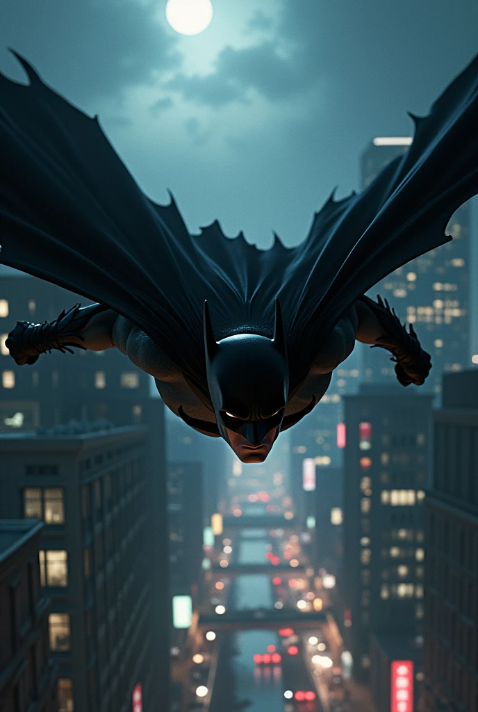 Batman gliding through the city
