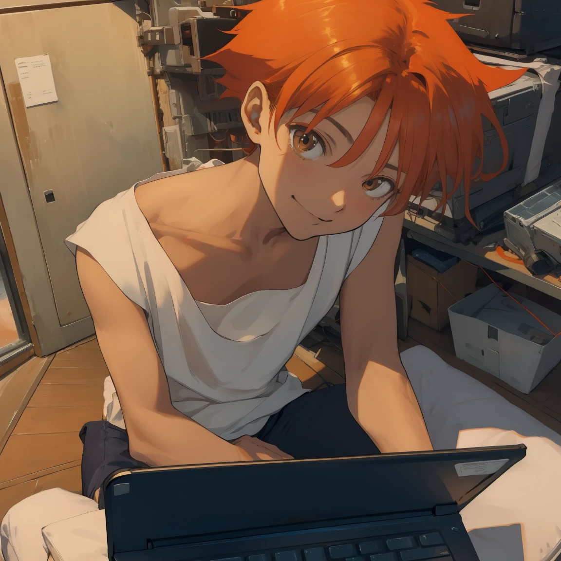 Edward,Sitting on the floor, Typing on a laptop, abdomen,Orange Hair,White shirt,Off the shoulder,clavicle,Sunburn, Black Bike Shorts,goggles, Brown eyes, Space Station,Engine compartment, smile, Bedroom Eyes, chest, chestの谷間 (Very detailed, Beautifully detailed face, masterpiece, Highest quality),