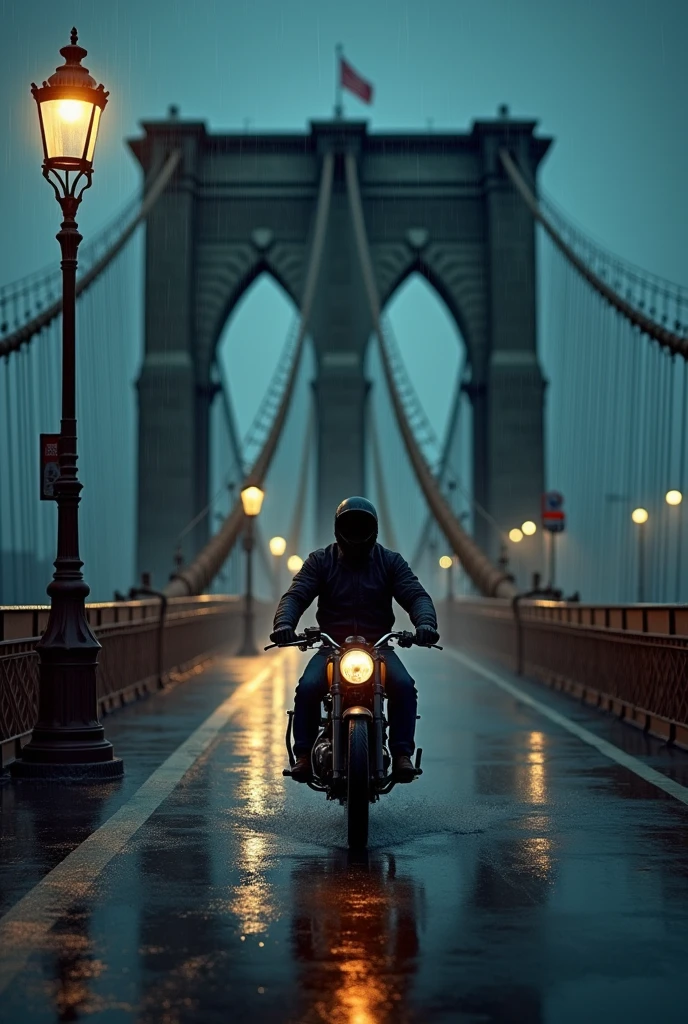 Riding Royal Enfield Bullet in Brooklyn bridge in rain at dark night