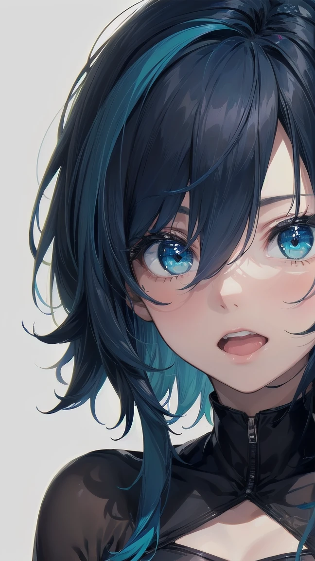Close-up of a manga girl with blue hair and a yellow shirt, 2D Animation, 2D Animation style, 2D Art, 2D Art, 2D from Gorillaz, 2D from Gorillaz, 2D Gorillaz, Screaming Cerket, 2D Sprite, Jinx Face, short hair, Small breasts, hot pants, ((Black Hair, Inner bright blue hair:1.4)), Slanted Eyes