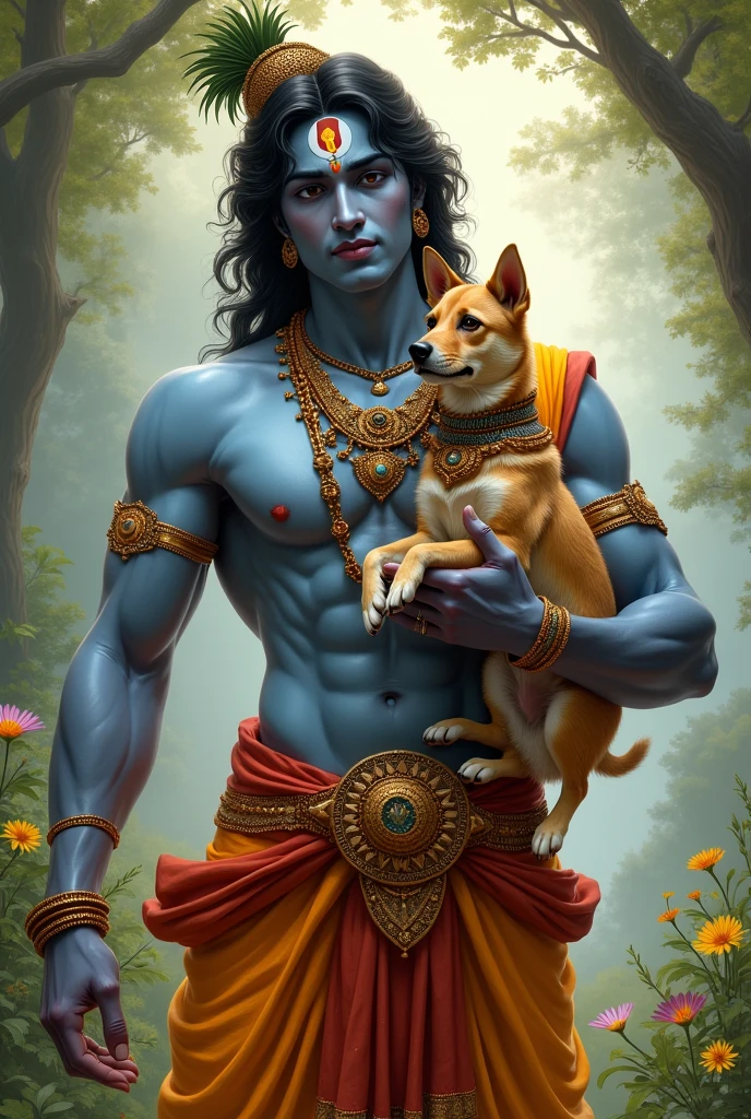 A lord krishna having six pack and having pet dog in his hand