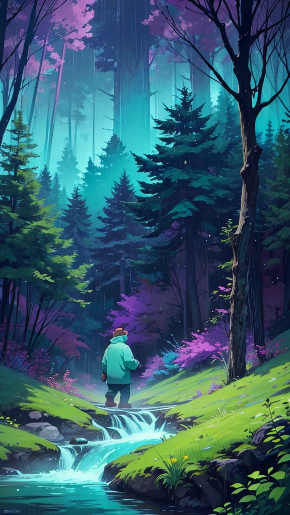 A GRIZZLY BEAR IS SEEN IN THE DISTANCE IN A GRAVITY FALLS-style forest full of trees and a small river,  a 4k full HD, a rainy night, Use colors (green, turquoise, purple, green claro y oscuro) 4k full HD it&#39;s raining a lot