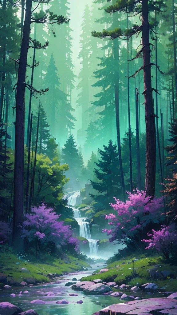 A GRIZZLY BEAR IS SEEN IN THE DISTANCE IN A GRAVITY FALLS-style forest full of trees and a small river,  a 4k full HD, a rainy night, Use colors (green, turquoise, purple, green claro y oscuro) 4k full HD it&#39;s raining a lot