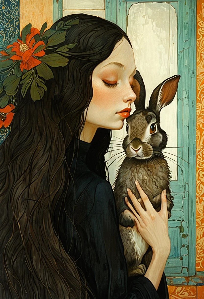 masterpiece,最high quality,Organic Style、A long-haired woman lovingly holding a rabbit、Surrealism,figure,Portraiture、Diane Dillon Style,最高masterpiece、high quality、黄金比の構figure、