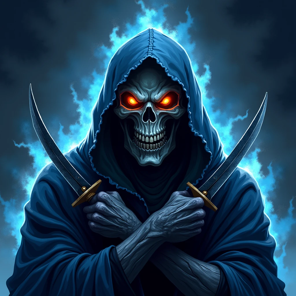 “Create a (((logo sport))), highly detailed, ((portaid:)1.37) dark fantasy illustration of a menacing skull shrouded in a tattered, dark blue hooded cloak. The skull has glowing orange eyes and a sinister grin with sharp teeth. The cloak appears to be made of mystical, flowing energy, giving it a ghostly, ethereal look. The background is a deep, dark space with splashes of blue and white, adding a sense of motion and intensity. Two curved, sharp blades are partially visible, emerging from beneath the cloak, enhancing the figure’s threatening presence. The overall scene should evoke a powerful, ominous atmosphere with intricate detailing and vibrant highlights, perfect for an edgy, fantasy-themed artwork.”