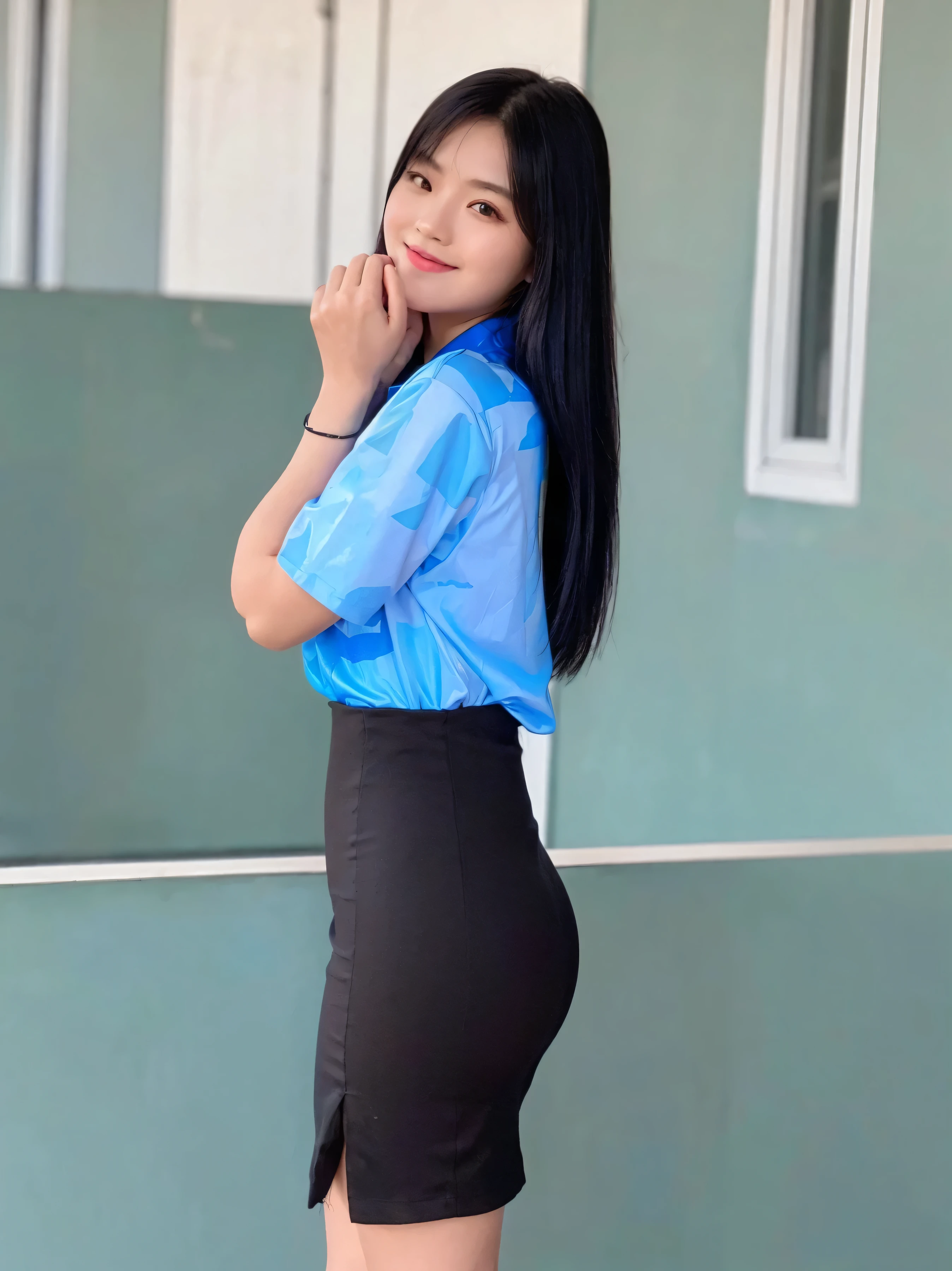 best quality, 8k, highly detailed face and skin texture, big booty long hair asian girl in blue short latex dress at balcony with sea view, looking at viewer, back view, sharp focus
