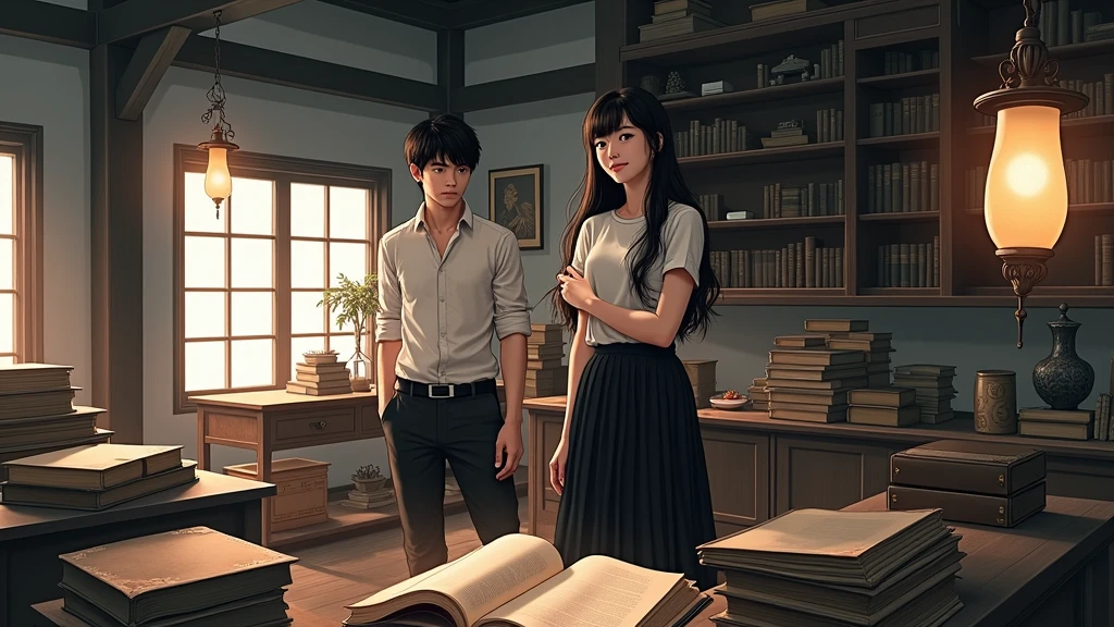 A room filled with Chinese antiques and old Chinese books, the atmosphere was mysterious. There was dim light from lamps. A 2 handsome male student wearing a white long-sleeved shirt with the sleeves rolled up and tucked into black trousers smiled slightly and looked at a 20-year-old female student with long black hair and black bangs, wearing a white short-sleeved shirt and a long black pleated skirt, who was standing looking at the open book on the table in the room with interest and excitement.