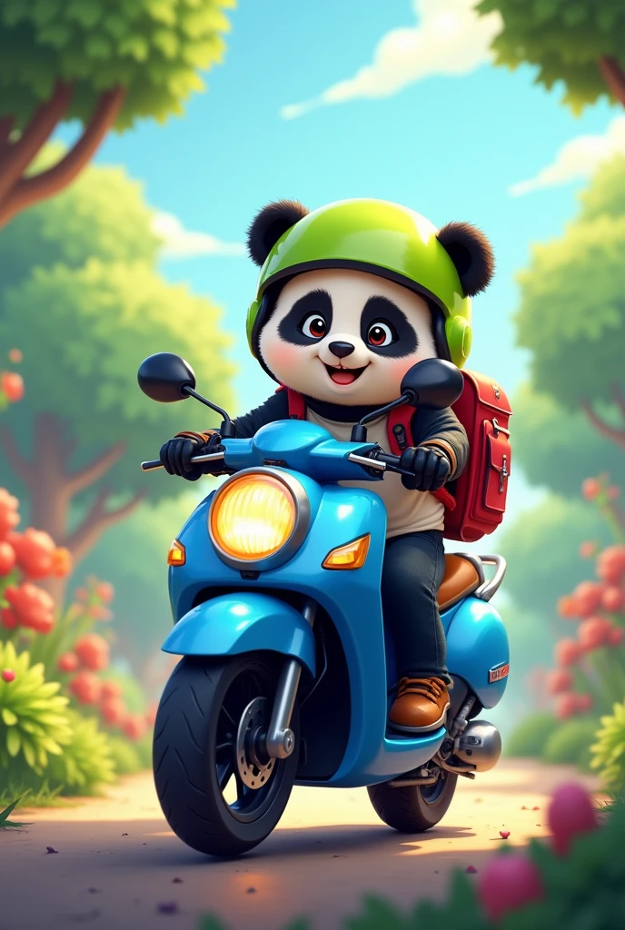 Please, generates a cute cartoonish image of a panda bear riding a blue Yamaha YBR motorcycle, not automatic. The bear must be wearing a red and black backpack and the image must be in a cheerful and colorful style.. With lime green helmet too