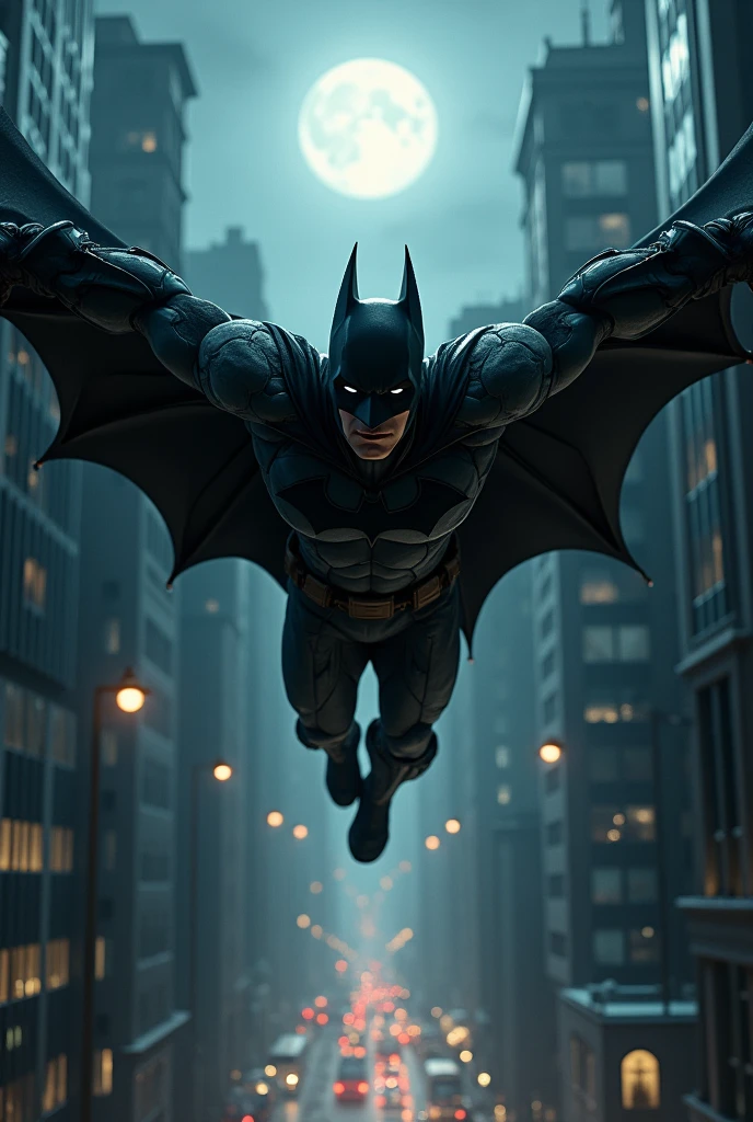 Batman gliding through the city