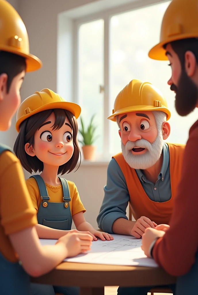 A seven-year-old girl, short hair without bangs and with chocolate hair color,
a grandfather with a short beard and short white hair, without glasses.
A group of children, all seven, eight and nine years old.
everyone talking at a meeting with two adult engineers wearing construction workers' helmets and clothes.
