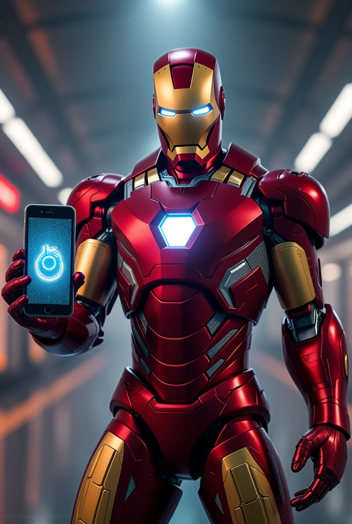 Ironman showing his phone facing us, has an excited expression
