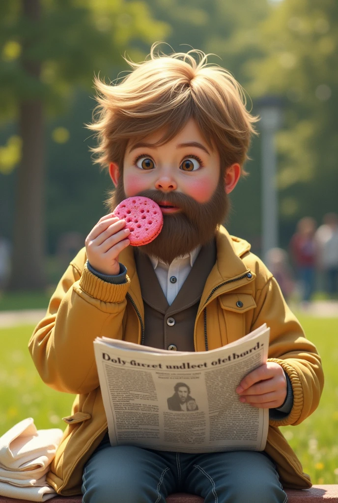 in a sunny park, A  is eating a pink cookie. El niño de 6 u 8 años tiene barba and está vestido con ropa de adulto. Although the child is a little towards the back of the scene, His figure stands out clearly. He holds a newspaper in one hand while enjoying his cookie. La imagen utiliza una paleta de colores que contrasta and se complementa con los tonos #ecba58, #935038, #f1d0a6, #0b2d7e, and #eaba08, creando una atmósfera nostálgica and armoniosa.