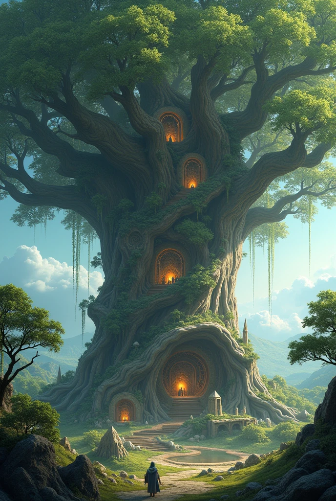Description of a place, a large and colossal tree where a great empire of mystical beings lives, where it is divided into 3 parts, a community at its roots, another community in its trunk and another community and its branches