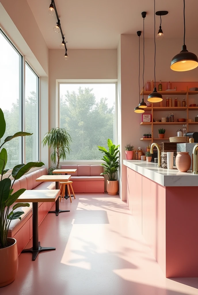 Interior of a coffee shop,Showing various details of modern mix and match style。Milk tea shop,Simple milk tea products,Bean green,White is a large area color,pink,Magenta and gold accent colors
