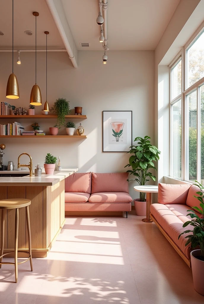 Interior of a coffee shop,Showing various details of modern mix and match style。Milk tea shop,Simple milk tea products,Bean green,White is a large area color,pink,Magenta and gold accent colors