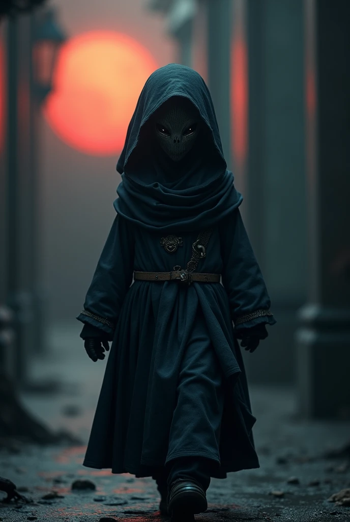 A girl in a Hodi in a dark place and where a mask all things are black and background is some visible and background is good like sunset and she is sad but she is walking on the screen