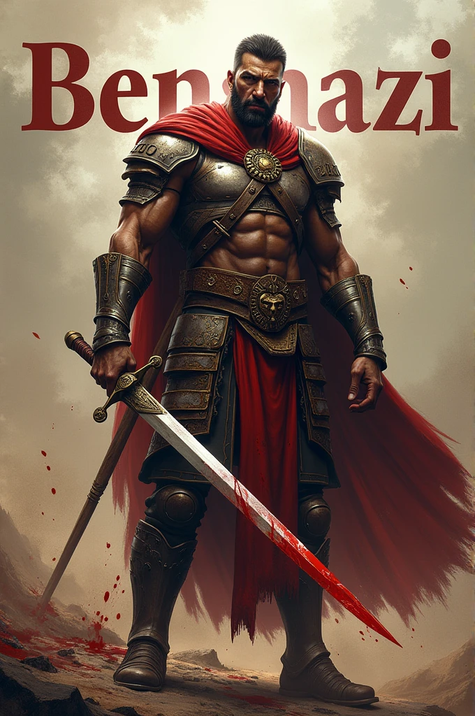 A warrior holding a sword and blood flowing down his body with a name 'Benghazi' at de background.