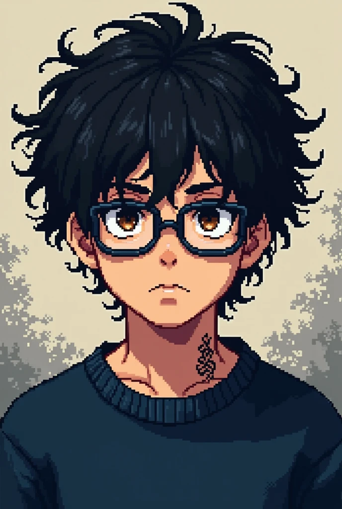 Strong emo pixel art man with very curly black hair, with glasses, navy blue sweater, eyes browns, looking straight ahead with a serious face, with a small tattoo on his neck 