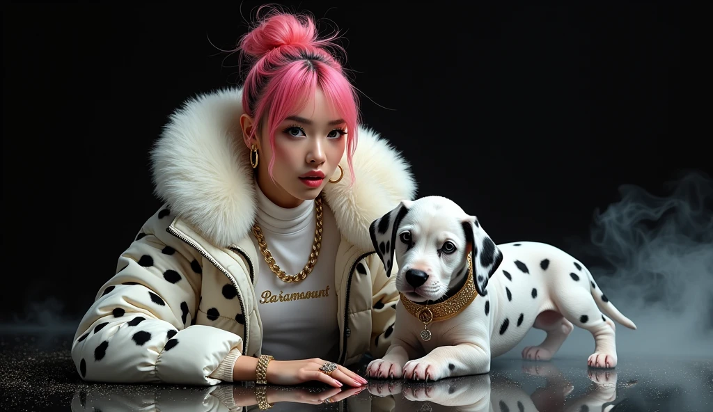 beautiful tanned japanese woman, wearing a designer fur puffer coat with dalmatian print , and a white turtleneck under the coat, Write "paramount" with glitter on the shirt, (tucked in t-shirt) (shirt under pants) tucked in t-shirt da calça jeans, chain necklace, diamond rings, Hoop earring, leather belt with large diamond buckle, thick eyebrows, photorrealistic, work of art, moncler, pink hair with highlights in a messy bun, Open the jacket, pouting lips, Pout, empty black background with smoke, sparkles and particles and nice lighting, ultra HD, HDR, 8k, work of art, next to her a large Dalmatian puppy wearing a gold collar, crouched on the shiny floor, pose de rap, squat pose, stroking the dog's head, eyes looking at the camera.