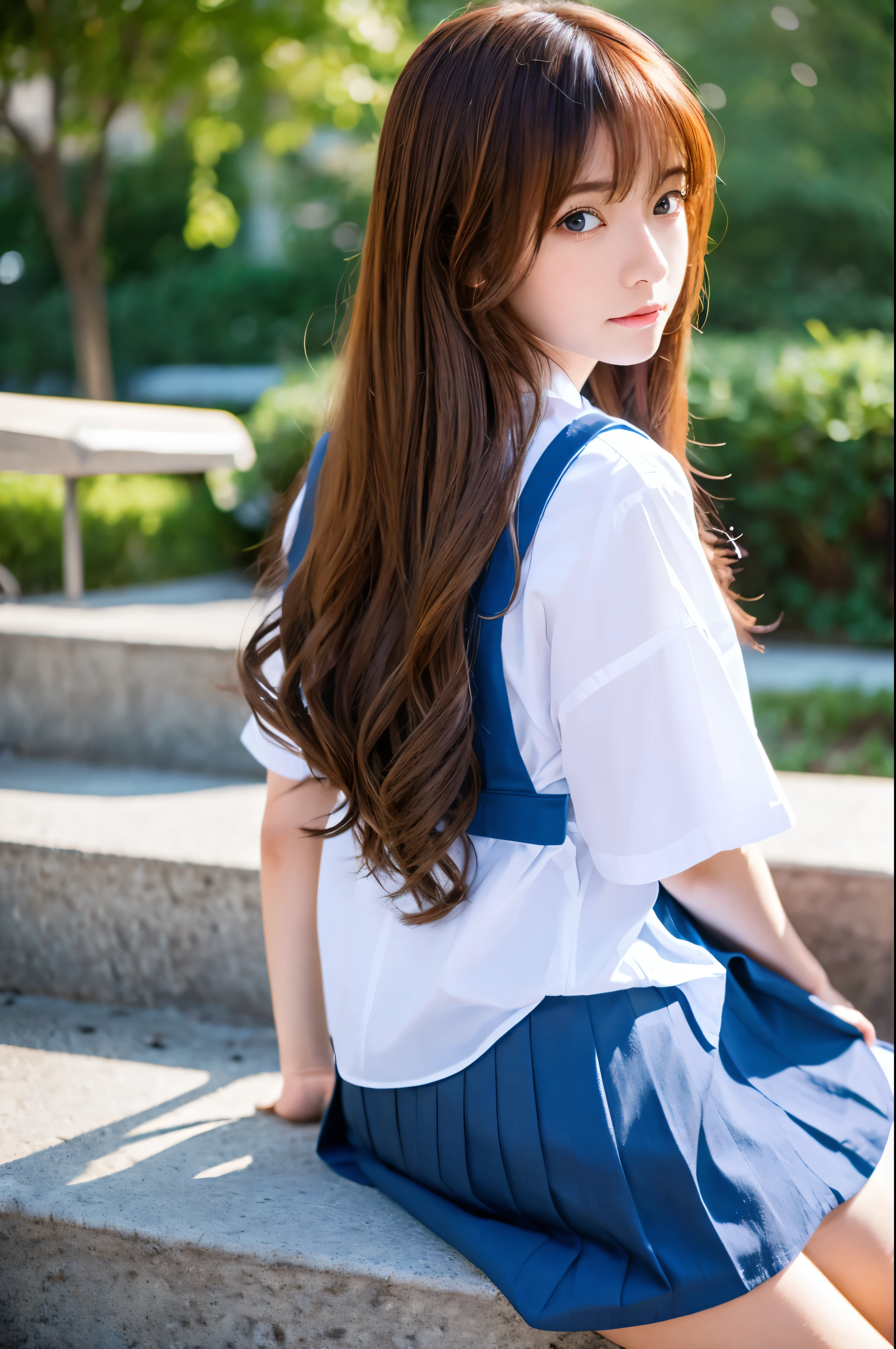 (masterpiece, best quality:1.2), (tsurime:1.2),
(face focus, face close-up, close-up face:1.2), tsurime, 1girl, souryuu asuka langley, solo, blue eyes, , looking at viewer, long hair, looking back, tokyo-3 middle , orange hair, white shirt, from behind, shirt, short sleeves, closed mouth, bangs, two side up, stairs, feet out of frame, white socks, suspender skirt, blue skirt, blue dress, outdoors, dress, hair ornament,