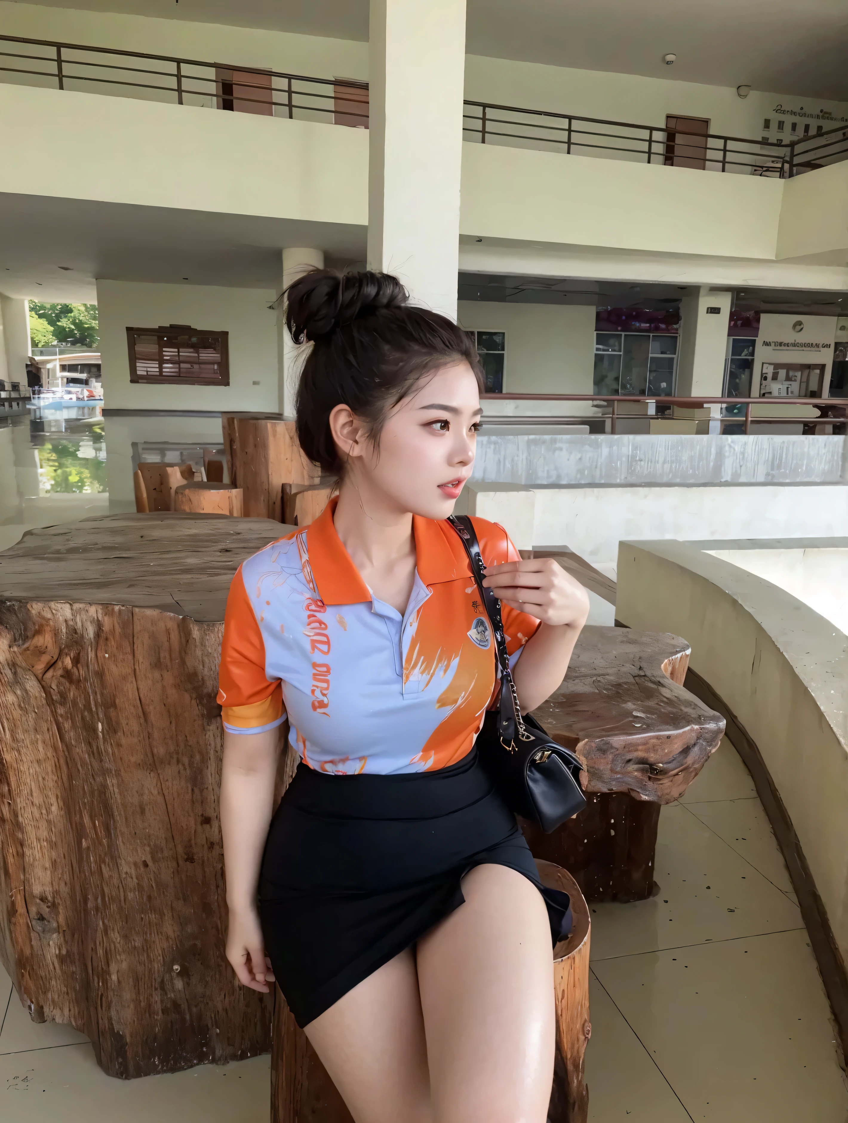 best quality, 8k, highly detailed face and skin texture, big booty long hair asian girl in blue short latex dress at balcony with sea view, looking at viewer, back view, sharp focus