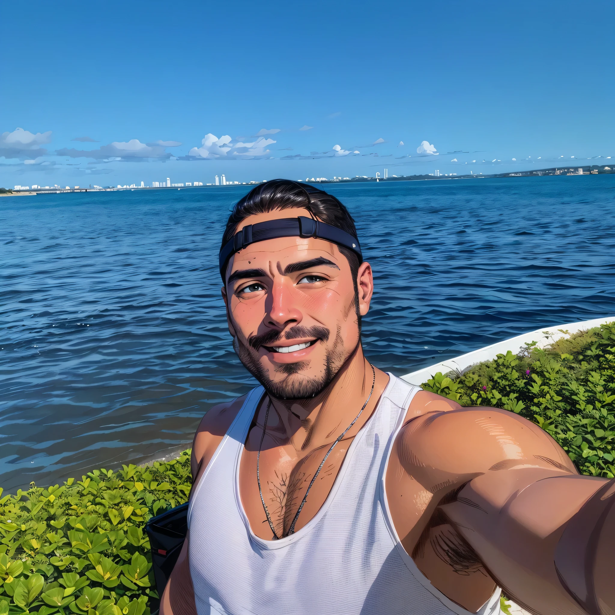 there is a man taking a selfie with a cell phone, ocean in the background, the ocean in the background, paradise in the background, 8k selfie photograph, vacation photo, with palm trees in the back, 2 man on a sailboat, andrew gonzalez, joel torres, taken in the early 2020s, sidney lugo, andres rios(masterpiece), (best quality), comics style, analog style, illustration, lineart,