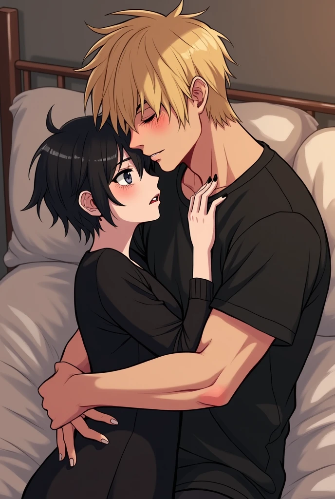 A very cute goth femboy boy with his strong blond boyfriend, they are very much in love with each other, The two spend a lot of time together and like to cuddle all the time., they are both approximately 2, the femboy boy is very much in love, Image made with anime lines
