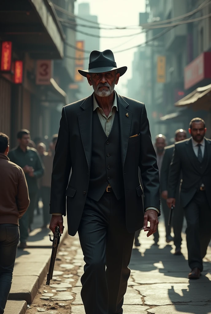 Old sigma mafia indian in street walk with 