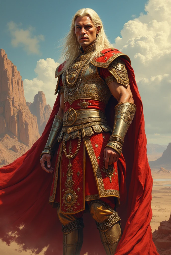 Create a majestic, magnificent picture of a king who's inspired from great Rajput king, wearing their kind of clothing or armor such as Maharana Pratap, although the king has to be fair and have blonde hair. He should have a strong build and very tall height. Show him standing in an imposing manner.