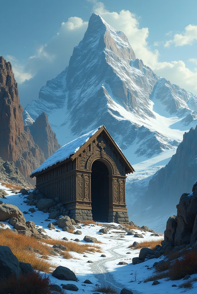 Christmas ark hidden behind a mountain, the ark is all broken