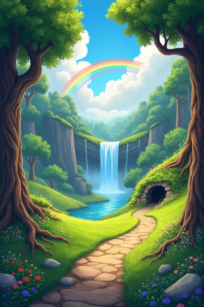 Create an image with the following elements 1. woods 2 path 3 plant 4 cave 5 waterfall 6 earth 7 rainbow 8 stream 9 grass 10 cloud Make it look like it was made by s