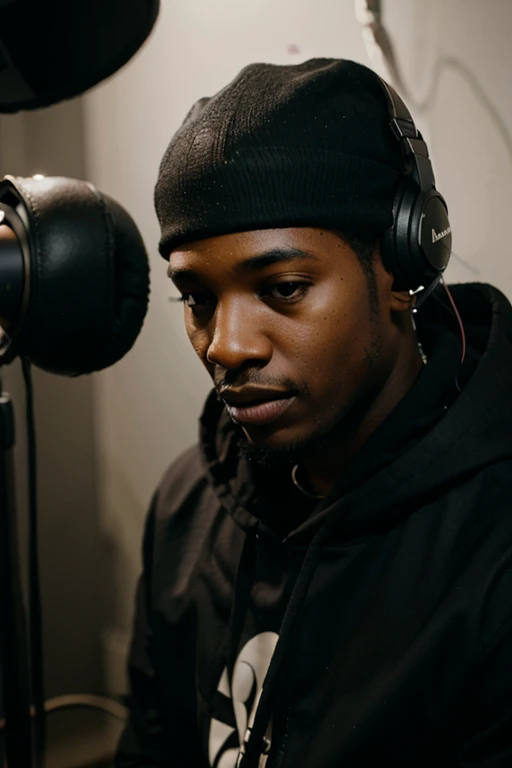A black rapper wearing musical headphones recording a song in a music studio with 
