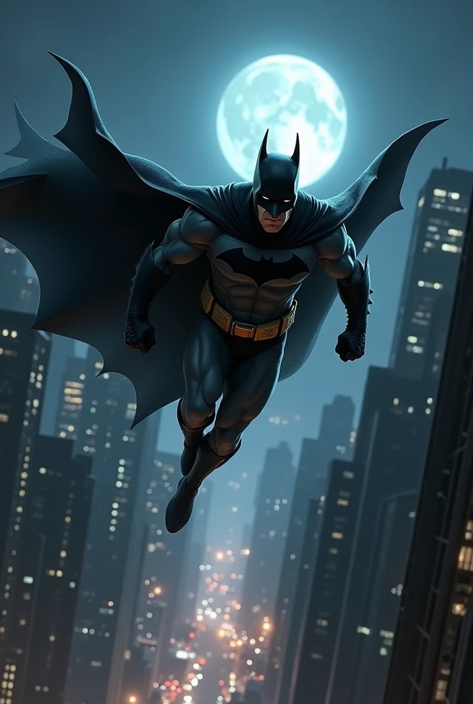 Batman gliding through the city